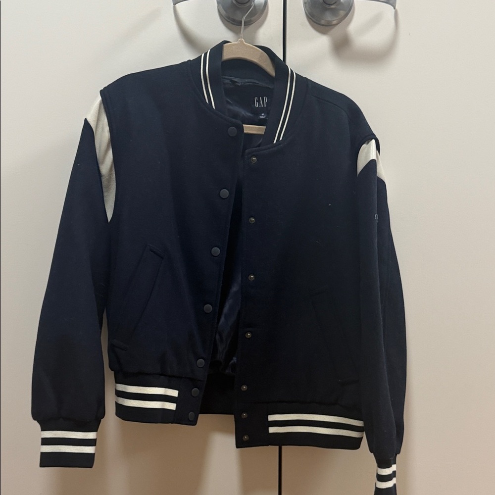 GAP women Navy and White Varsity Jacket